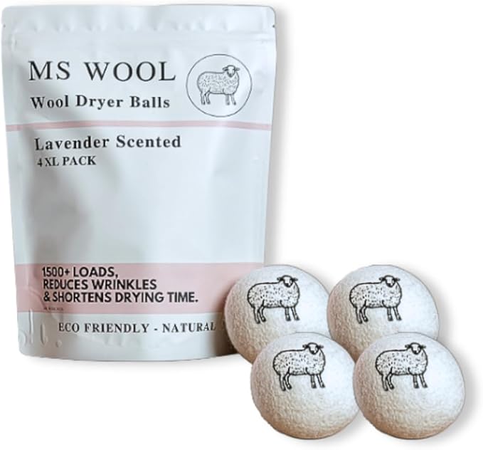 Lavender Scented Wool Dryer Balls – 4 XL Pack – Natural Fabric Softener, Reusable, Reduces Static, Reduces Wrinkles & Shortens Drying Time, Made W/Essential Oil, 100% Pure Wool