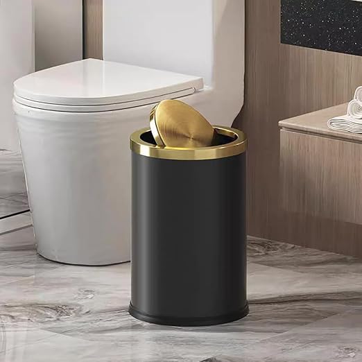 Stainless Steel Wastebasket, Small Black and Gold Trash Can with Lid, 9L / 2.4 Gallon for Bathroom, Bedroom, Office, Hotel