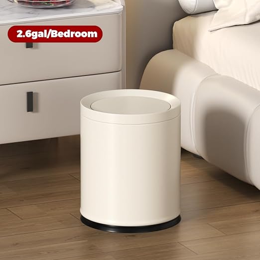 2.6GAL Off White Metal Bathroom Trash Can with Lid,Double Bucket,Swing Lid,Round Waste Basket for Bathroom,Bedroom,Office,Hotel,Bank