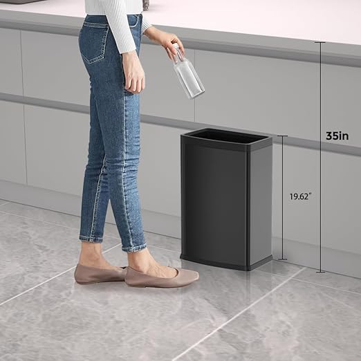 6.6 Gallon/25L Stainless Steel Square Trash Can, Large Capacity Kitchen Garbage Can, Business Trash Bin, Tall, Elegant, Black Waste Basket, for Home, Office, Hotel (25L Black)