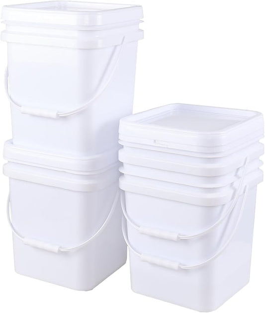 Vababa 5 Gallon Square Bucket White Bucket with Lid, 4 Pcs Plastic Bucket Food Storage Bucket with Handle and Lid