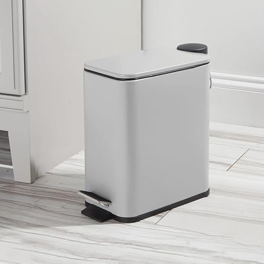 mDesign Slim Metal Rectangle 1.3 Gallon/5 Liter Trash Can with Step Pedal, Easy-Close Lid, Removable Liner - Narrow Wastebasket Garbage Container Bin for Bathroom, Bedroom, Kitchen - Matte Gray