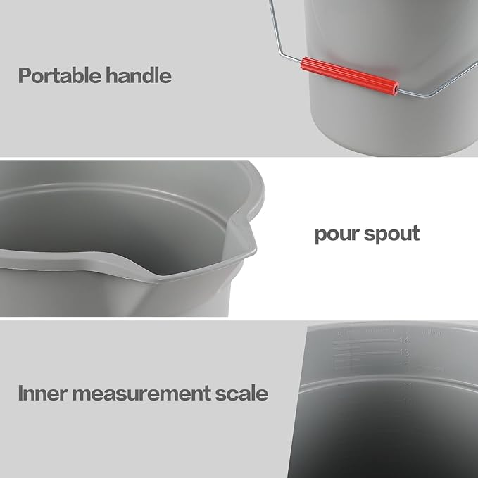 6-Pack 14 Quart Plastic Pail with Handle, Heavy Duty Cleaning Bucket, Grey