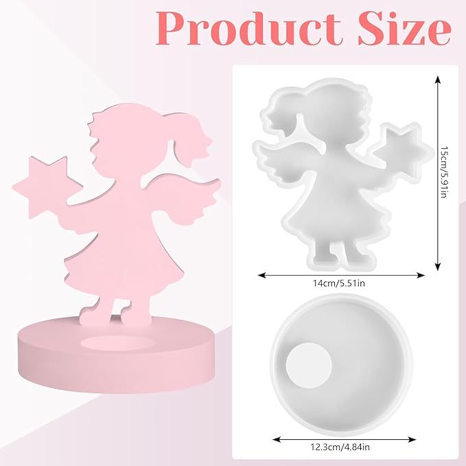 Silicone Mold, Girls Angels Holding Stars in Their Hands, Silicone Casting Molds with Base, Silicone Casting Mold Candle Holder for Soy Wax, Cement Gypsum Decorative Ornaments