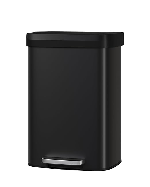 Garvee 13 Gallon / 50 Liter Metal Trash Can with Lid, Large Garbage Can for Kitchen, Rustproof Step-on Kitchen Metal Trash Bin with Liner Rim, Rear Handle, Soft Close Plastic Lid, Black