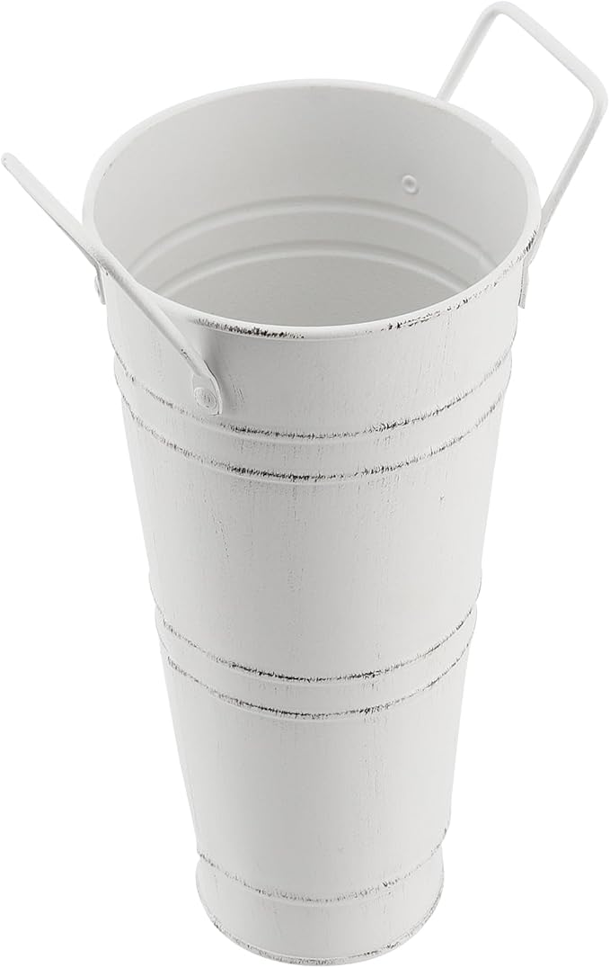 4 Pack 9 Inch Tall Galvanized French Flower Bucket, White Farmhouse Vintage Metal Vases with Handle for Floral Wedding Arrangements
