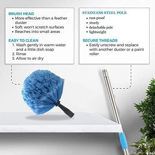 Cobweb Duster with Pole, 10ft Stainless Steel Pole Cobweb Brush with Medium-Stiff Bristles for Walls Beams Shelves Iight Fixtures and Window Screens