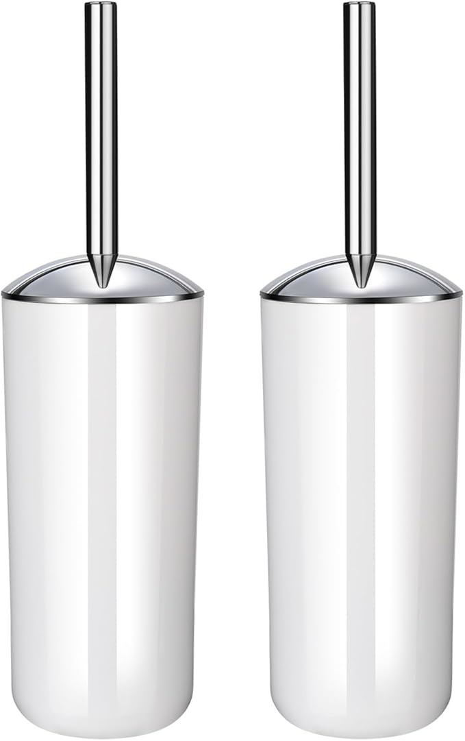 White Toilet Brush and Holder Set, 2 Pack – Toilet Brush White with Stainless Steel Handle, Non-Scratch Bristles, Compact and Drip-Free, Toilet Bowl Brush for Bathroom and Home Use