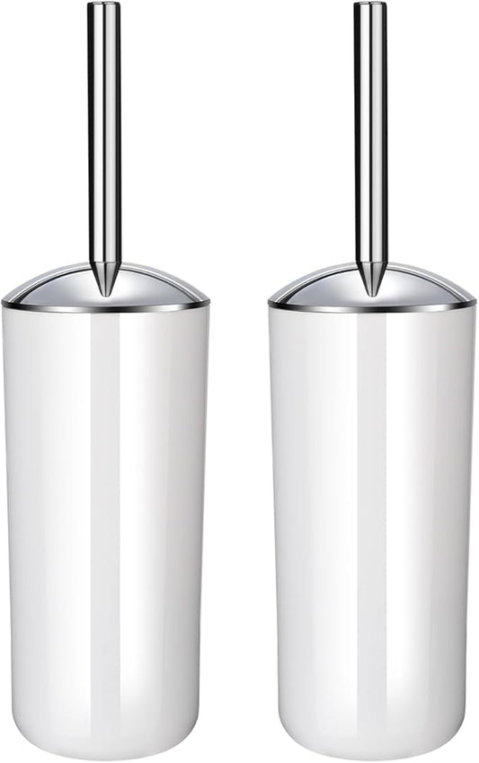 White Toilet Brush and Holder Set, 2 Pack – Toilet Brush White with Stainless Steel Handle, Non-Scratch Bristles, Compact and Drip-Free, Toilet Bowl Brush for Bathroom and Home Use