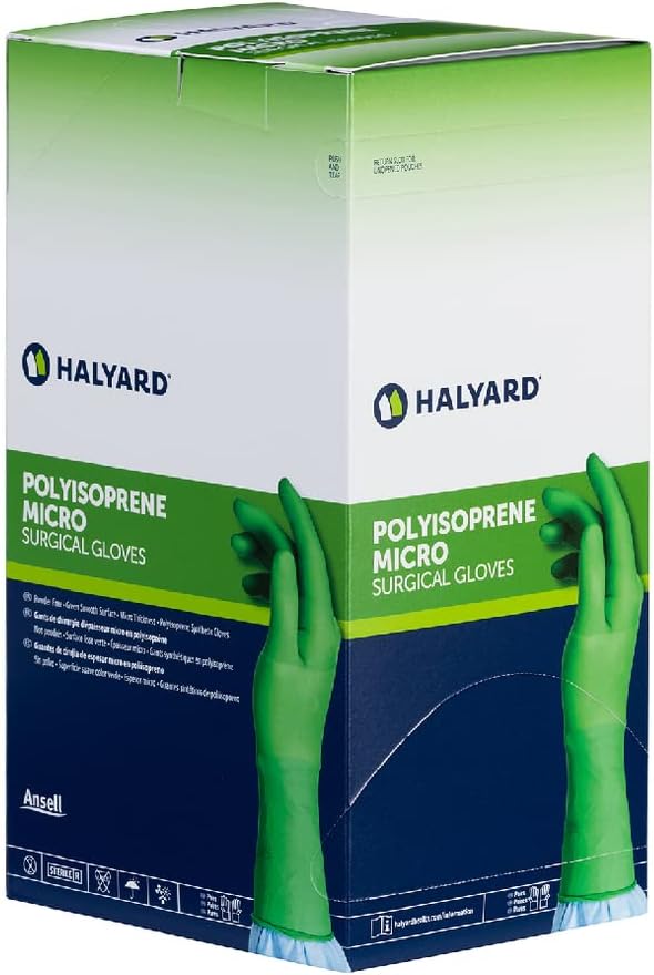 HALYARD Micro Surgical Gloves Sterile Polyisoprene Individually Wrapped Pairs Powder Free Medical Disposable Gloves, 7.9 mil, Size 6.0 Small, Green, SGL90060 (Box of 50 Pairs - 100 Total)