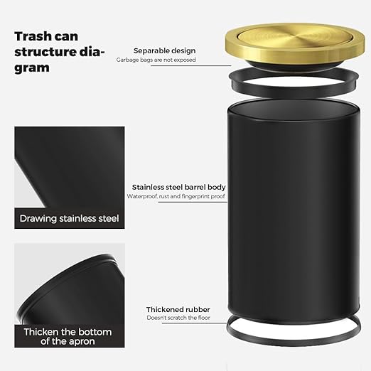 4.7 Gallon/18L Stainless Steel Bathroom Trash Can,Black and Gold Garbage Bin with Swing Lid,Round,Elegant Waste Basket,for Toilet,Kitchen,Living Room,Hotel,Home (18L-Black)