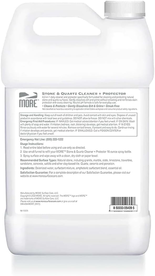 MORE Stone & Quartz Cleaner + Protector - Granite, Quartz & Marble Cleaner - For Kitchen & Bathroom Countertops - Water-Based Surface Spray Refill - Lavender-Verbena Essential Oil - Gallon (128oz)