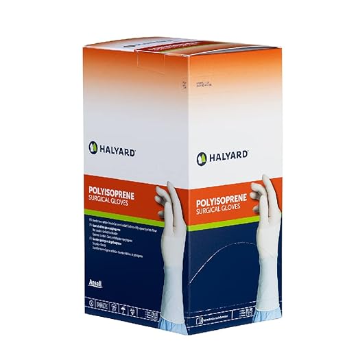 HALYARD Surgical Gloves Sterile Polyisoprene Individually Wrapped Pairs Powder Free Medical Disposable Gloves, 9.4 mil, Size 7.0 Medium, White, SGL95070 (Box of 50 Pairs - 100 Total)