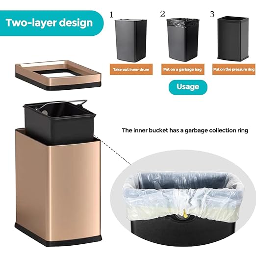 18 Liter / 4.7 Gallon Gold Dual Trash Can, Slim Open Top Office Trash Can, Commercial Grade Heavy Gauge Small Trash Can, Brushed Stainless Steel(18L Champagne Gold)