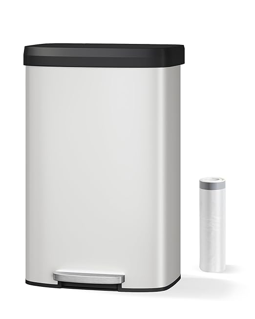 Garvee 21 Gallon / 80 Liter Metal Trash Can with Lid, Large Garbage Can for Kitchen, Rustproof Step-on Kitchen Metal Trash Bin with Liner Rim, Rear Handle, Soft Close Plastic Lid, White