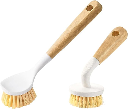 Dish Brush with Handle, Long and Short Handle Kitchen Scrub Brushes with Tough Bristles, Natural Dish Scrubber Brush for Dishes, Pans, Pots and Kitchen Sink Cleaning, 2 Pack White