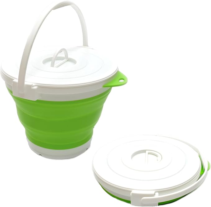 SAMMART Set of 2-10L (2.64Gallon) Collapsible Fishing Bucket Locking Lid, 31cm Dia. (2, Green)