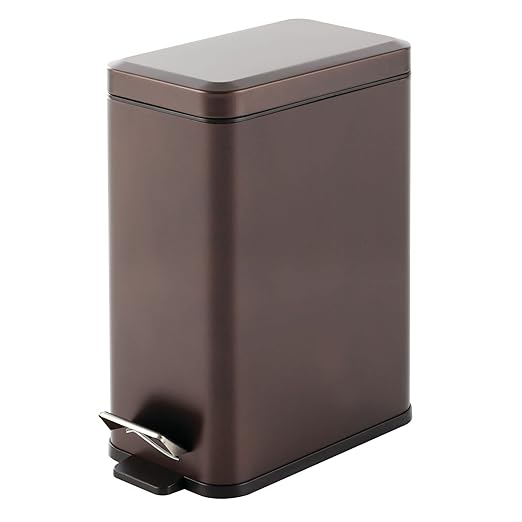 mDesign Pedal Bin — Waste Bin with Pedal, Lid and Plastic Bucket Insert for Bathroom, Kitchen, and Office — Metal Household Rubbish Bin with Ergonomic Design — Bronze