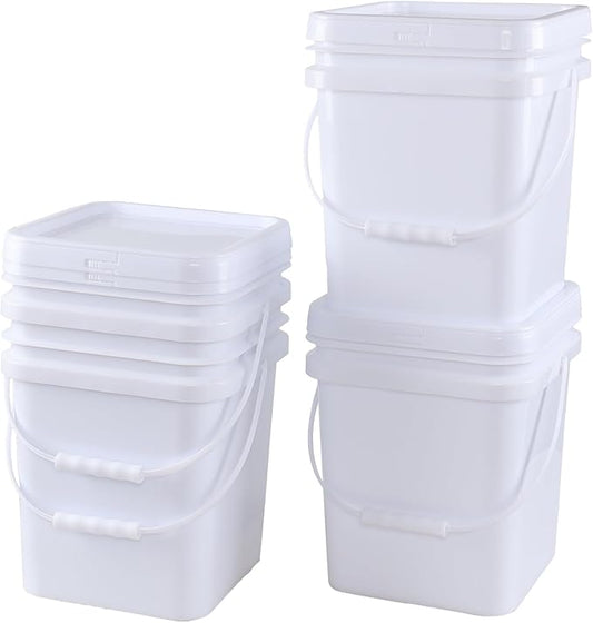 5 Gallon White Square Bucket with Lid and Handle, 4 Pcs Plastic Square Food Storage Pail with Handle