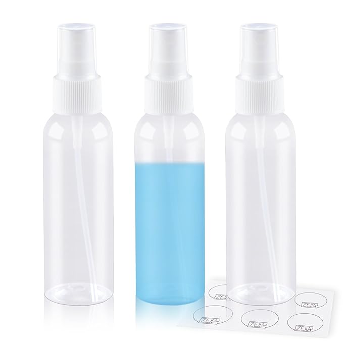 ZEJIA Small Spray Bottle 2OZ - Plastic Travel Refillable Mini Sprayer for Face, Liquids, Perfume - With Labels (3 Pack)