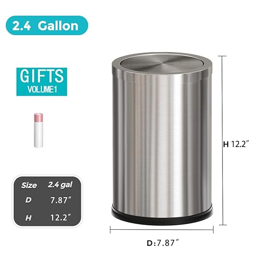 9L/2.4gallon Gold Bathroom Trash Can with Lid, Small Sliver Garbage Can, Single Layer Brushed Stainless Steel Swing Lid Trash Can for Bathroom, Toilet, Bedroom, Office, Living Room (Sliver)