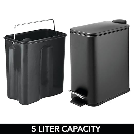 mDesign Slim Metal Rectangle 1.3 Gallon/5 Liter Trash Can with Step Pedal, Easy-Close Lid, Removable Liner - Narrow Wastebasket Garbage Container Bin for Bathroom, Bedroom, Kitchen - Black