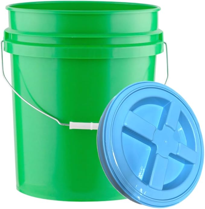 House Naturals 5 Gallon Food Grade Plastic Bucket with Air Tight Screw on Lid Made in USA Container (Green Bucket with Aqua Lid)