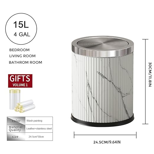 Bathroom Garbage can with lid，Small Trash Can with Flipping Lid, 4gallon,White and Silver Bathroom Trash can for Bedroom，Living Room,Hotel (15L-Ink Painting)