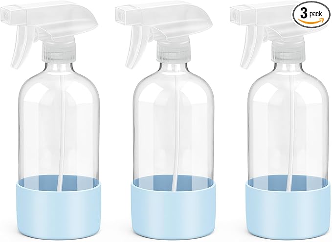 Glass Spray Bottles with Silicone Sleeve Protection, Empty 16 oz Refillable Containers, Reusable Spray Bottles with Adjustable Nozzle for Hair, Cleaning Solutions, 3 Pack Blue