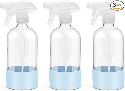 Glass Spray Bottles with Silicone Sleeve Protection, Empty 16 oz Refillable Containers, Reusable Spray Bottles with Adjustable Nozzle for Hair, Cleaning Solutions, 3 Pack Blue