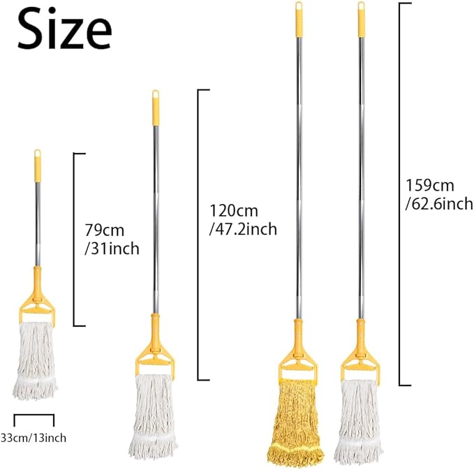 Wet String Mop for Floor Cleaning, Heavy Duty Mop with 2 Reusable Heads, Long Handle Industrial Cotton Mop for Restaurant Home Garage Office Patio Warehouse (Yellow)