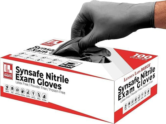 Synsafe 4 Mil - Black Nitrile Exam Gloves –Disposable Latex Free & Powder Free – Extra Strong, Rubber Gloves – First Aid Kit, Medical, EMT, Cleaning, Cooking | Pack of (100 ct)