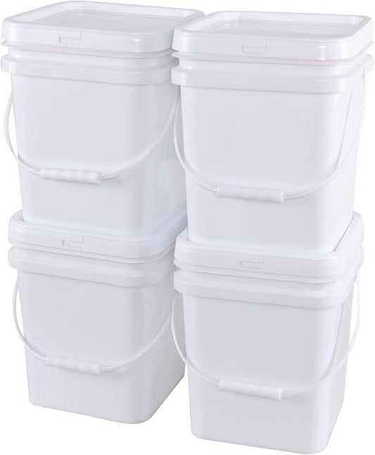 4.8 Gallon Plastic Square Bucket with Lid, 4 Pack White Food Bucket Pail with Handle