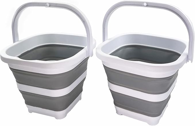 SAMMART Collapsible Rectangular Cleaning Bucket 5L (1.3 Gallon)- Foldable Camping Beach Sand Water Pot Pail- Portable Space Saving Tub for Household, Outdoor Car Washing (White/Grey (Set of 2))