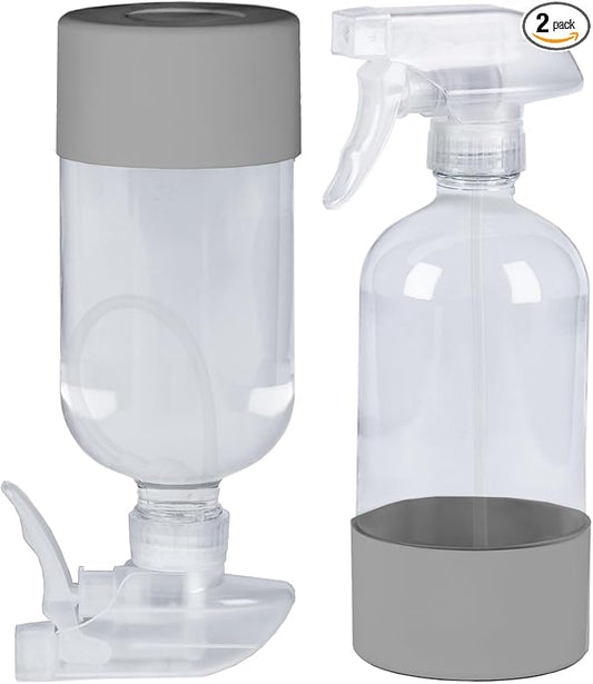2 Pack 360° Glass Spray Bottles with Silicone Sleeve, 16 oz Empty Refillable Containers with Adjustable Spray Nozzles, Spray Bottles for Hair, Cleaning Solutions and Plants Grey