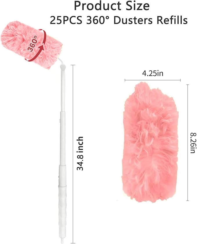 25 Pack Duster Refills with 1 Extended Handle Compatible with S wiffer, Heavy Duty Disposable Dust Removal Tools, Multi-Surface Microfiber Furniture Cleaning Dusters Extendable 35inch Handle - Pink