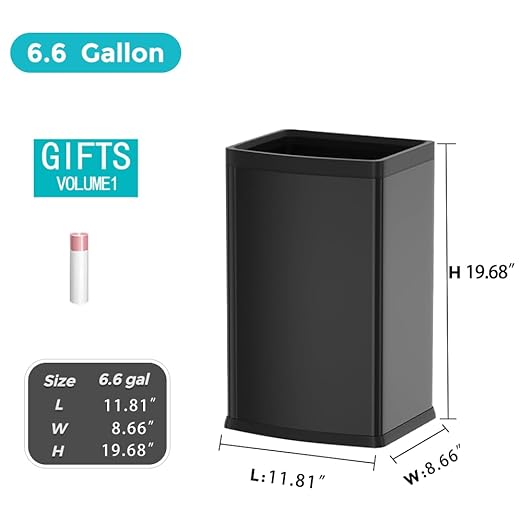 6.6 Gallon/25L Stainless Steel Square Trash Can, Large Capacity Kitchen Garbage Can, Business Trash Bin, Tall, Elegant, Black Waste Basket, for Home, Office, Hotel (25L Black)