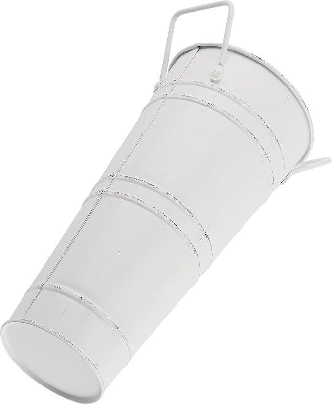 4 Pack 9 Inch Tall Galvanized French Flower Bucket, White Farmhouse Vintage Metal Vases with Handle for Floral Wedding Arrangements