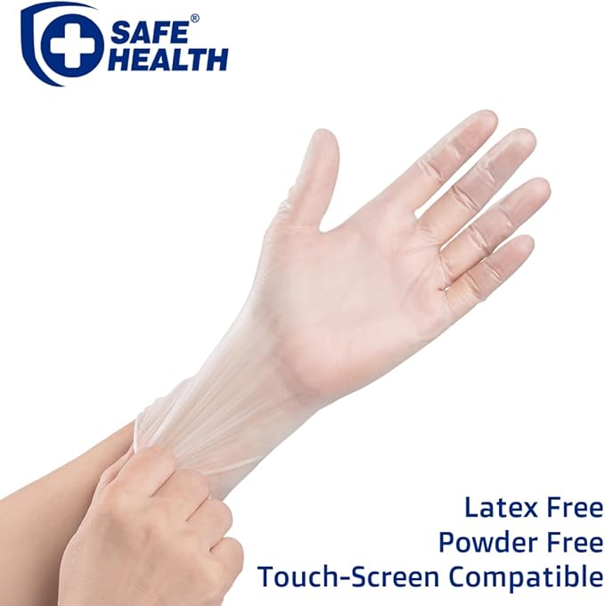 Safe Health Vinyl Exam Disposable Gloves, Free of Latex & Powder, Clear, 3.5 Mil, Medical Grade