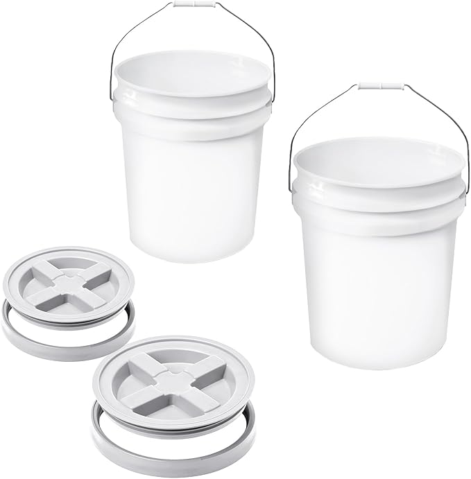 5-Gallon White Bucket Pail with Gamma Seal Screw on Airtight Lid, Heavy-Duty 90MIL Extra Durable, Food Grade, Metal Handles with Plastic Grip for Easy Carrying, Easy Stack & Store, BPA Free - 2 Pack