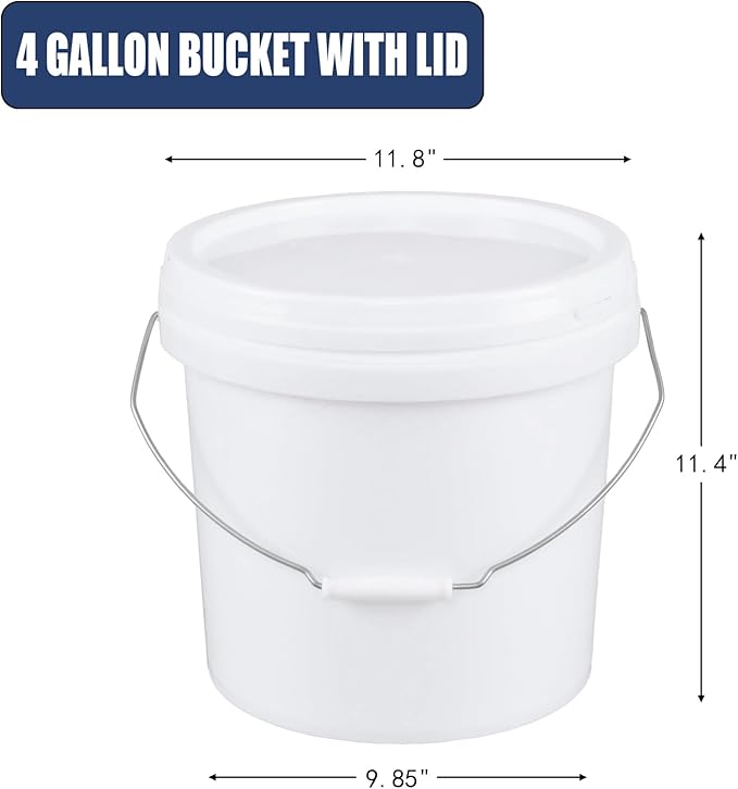 6 Pcs 4 Gallon White Bucket & Lid, Durable All Purpose Pail, Food Grade BPA Free Bucket Container with Handle