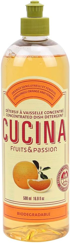 Cucina Fruits & Passion Concentrated Dish Soap, Sanguinelli Orange & Fennel, Gentle Liquid Dishwashing Detergent with Olive Oil, Vegan & Eco-Friendly Formula in Refillable 16.9 fl oz Recyclable Bottle