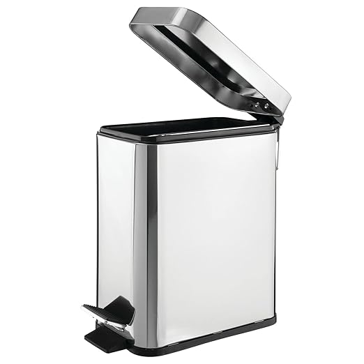 mDesign Small Modern 1.3 Gallon Rectangle Metal Lidded Step Trash Can, Compact Garbage Bin with Removable Liner Bucket and Handle for Bathroom, Kitchen, Craft Room, Office, Garage - Chrome