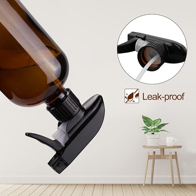 Glass Spray Bottles, 16oz*2+4oz*2+2oz*4 Refillable Containers, Empty Boston Round Bottles with Adjustable Nozzle for Cleaning, Gardening, Aromatherapy, Pets, Plant, Hair -Amber