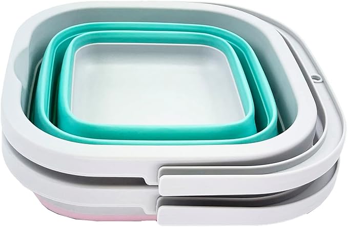 SAMMART Collapsible Rectangular Cleaning Bucket 5L (1.3 Gallon)- Foldable Camping Beach Sand Water Pot Pail- Portable Space Saving Tub for Household, Outdoor Car Washing (Pale Pink + Pine (Set of 2))