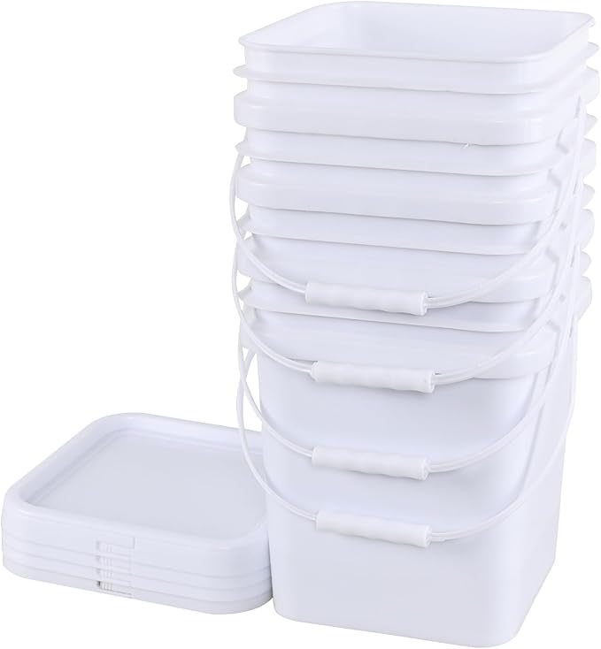 4.8 Gallon Plastic Square Bucket with Lid, 4 Pack White Food Bucket Pail with Handle