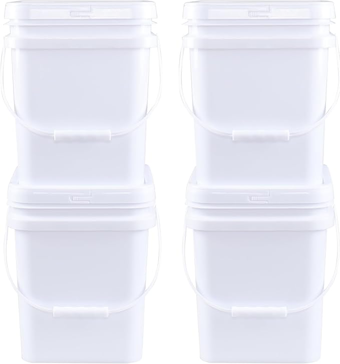 Plastic Bucket with Airtight Lid/Comfortable Handle, Heavy Duty White Pails Buckets for Storage (5 Gallon, 4 Pack)