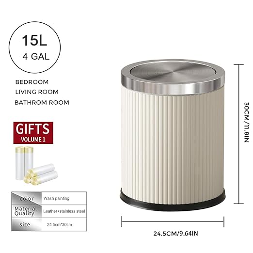 Bathroom Trash can with lid,Flip Lid Trash Can for Bedroom,Hide The Garbage Bag,Medium Garbage Can for Living Room,Hotel,(15L-White-Silver)