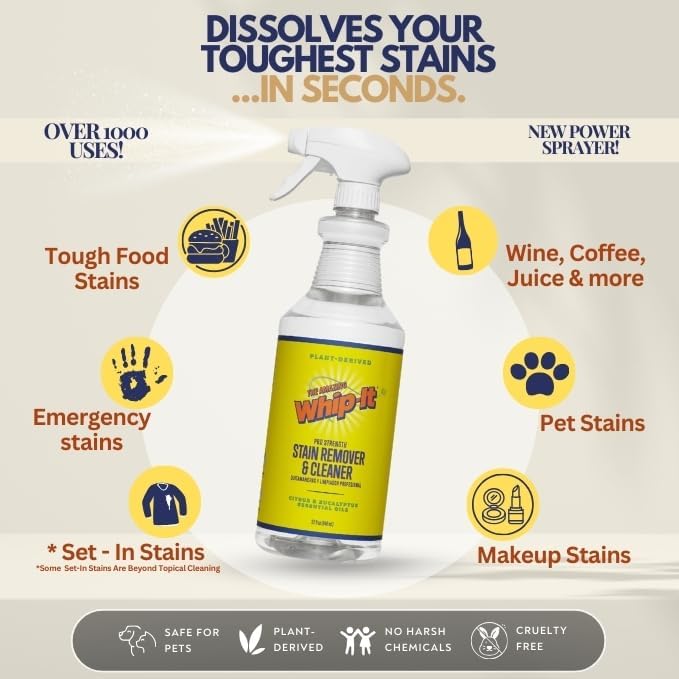 Whip It Cleaner, Multi Purpose Stain Remover Professional Strength Spray, Plant Based Enzyme Cleaner, Cleaning Food, Coffee, Wine, Baby Stains, Pet Stains, Over 500 uses, Made in USA, 32 OZ