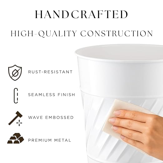 Monarch Abode White Handcrafted Wave Embossed Metal Wastebasket for Home Office Bedroom, Decorative Waste Basket, Modern Bathroom Garbage Can, Durable & Decorative Trash Bin, White Bathroom Trash Can